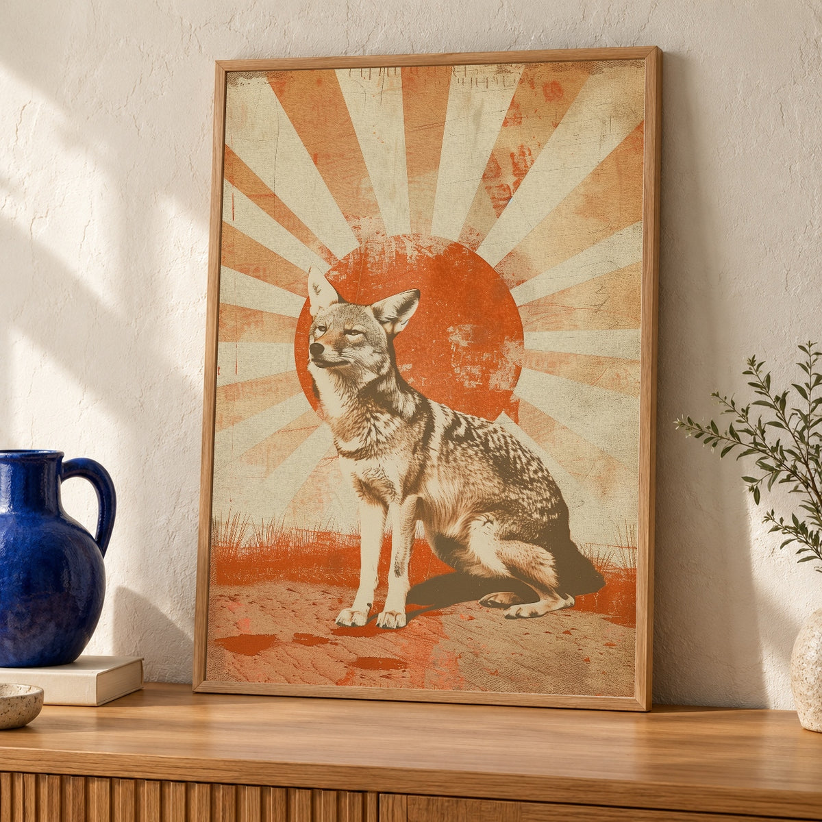 Retro Desert Art, Coyote Sunburst Southwest Vintage Poster — oak frame room mockup