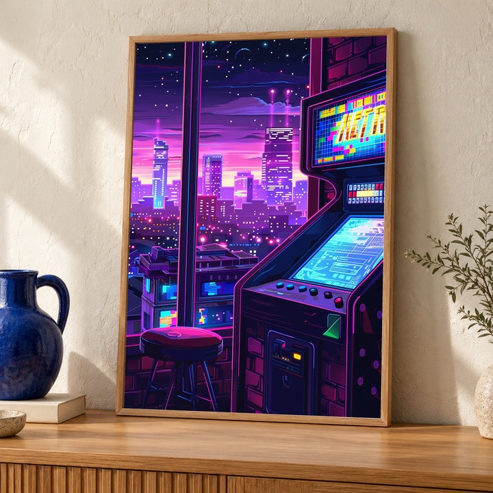 Retro Pixel City Art, Neon Arcade Skyline Print, Gamer Gift