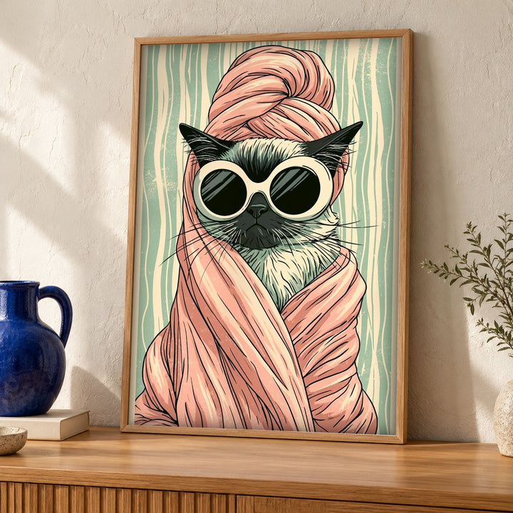 Funny Cat Poster, Siamese Spa Towel, Retro Chic Print