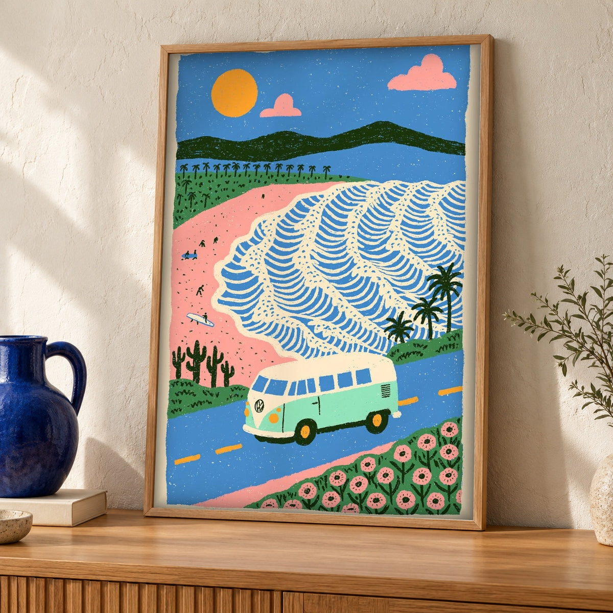 Retro Travel Poster, VW Bus Surf Print, Beach Decor — oak frame room mockup