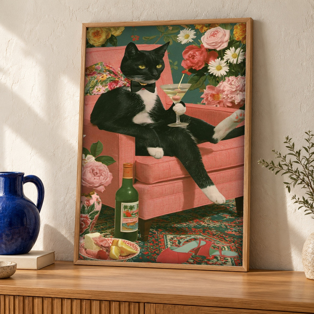 Black Cat Wall Art, Tuxedo Martini Lounge Print, Retro Decor — oak frame room mockup