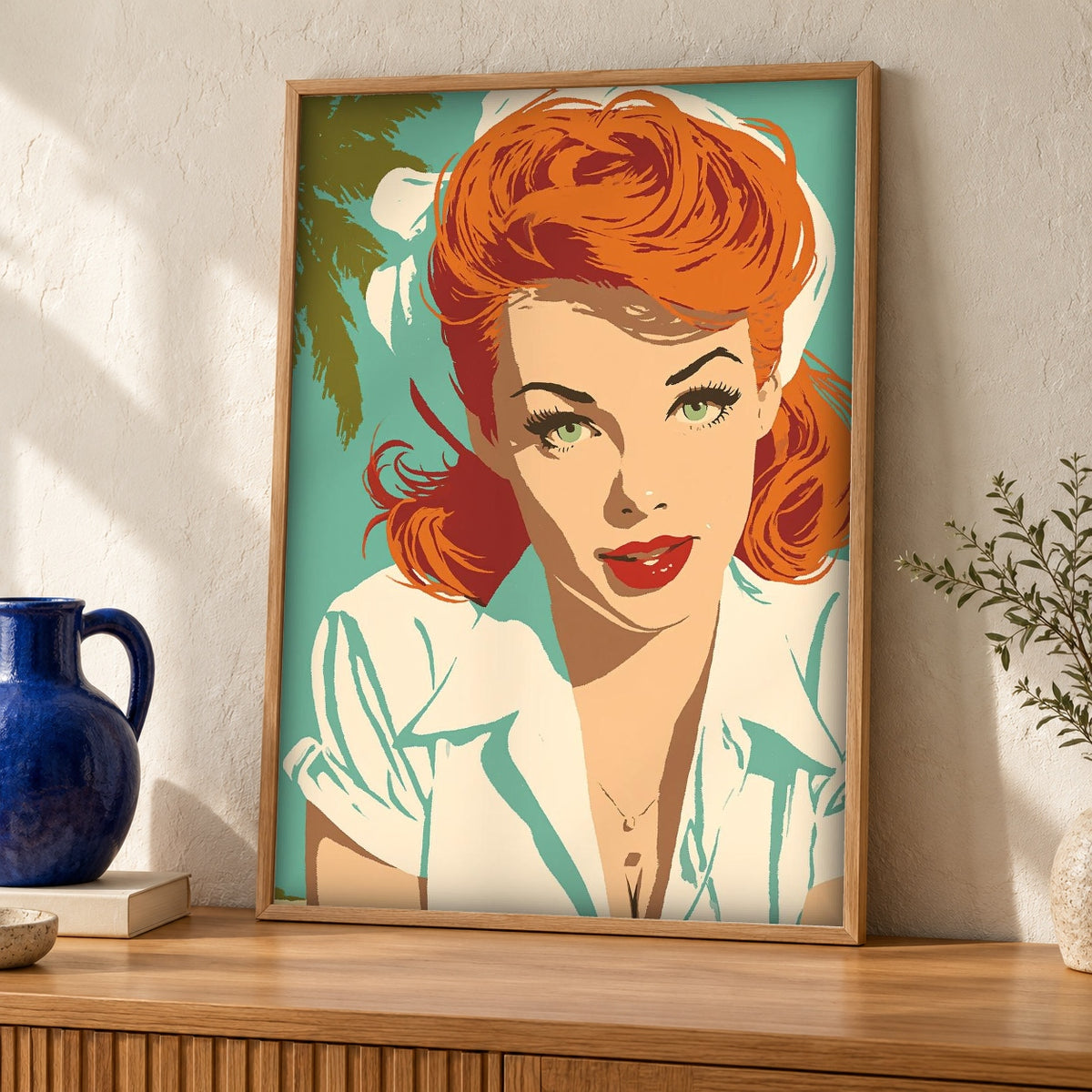 Retro Wall Art, Vintage Redhead Portrait, Pin-Up Poster — oak frame room mockup