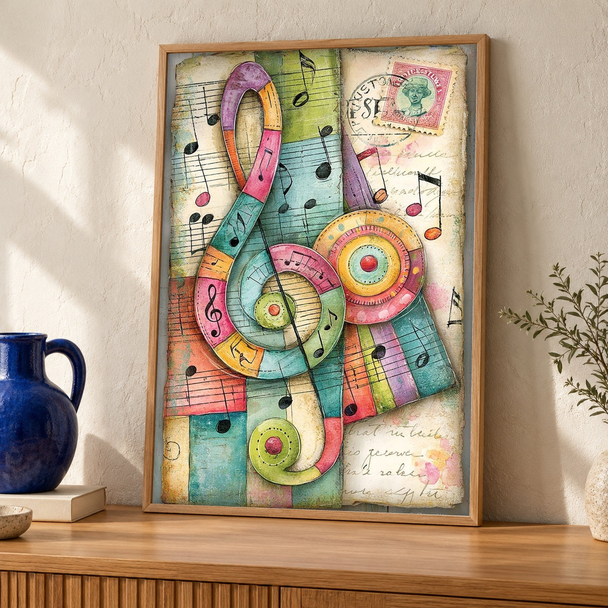 Retro Wall Art, Music Collage Print, Treble Clef Poster — oak frame room mockup