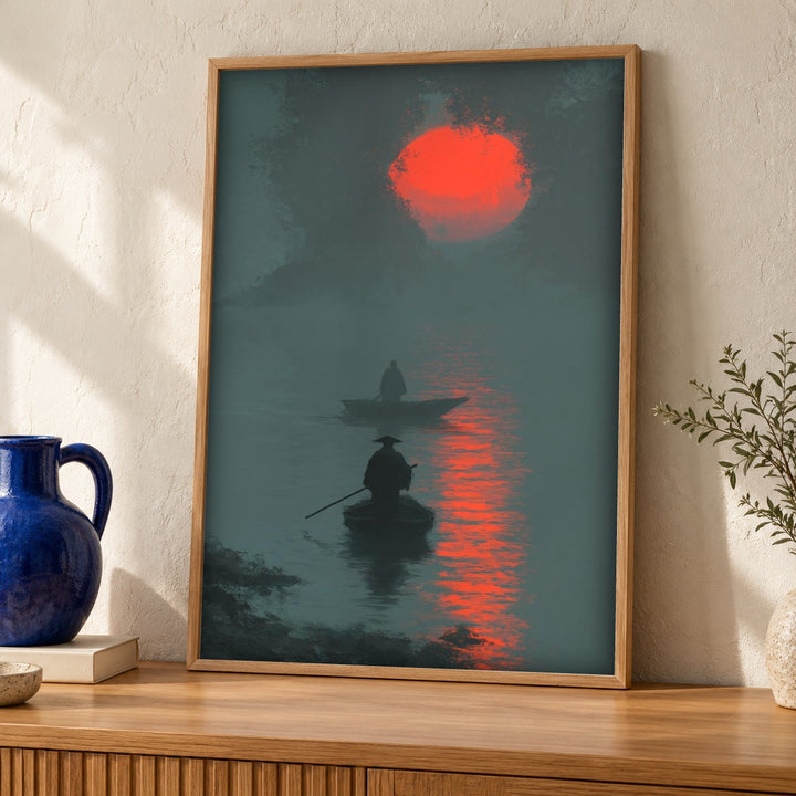 Asian River Art, Ancient Chinese Fishermen, Misty Ink Decor
