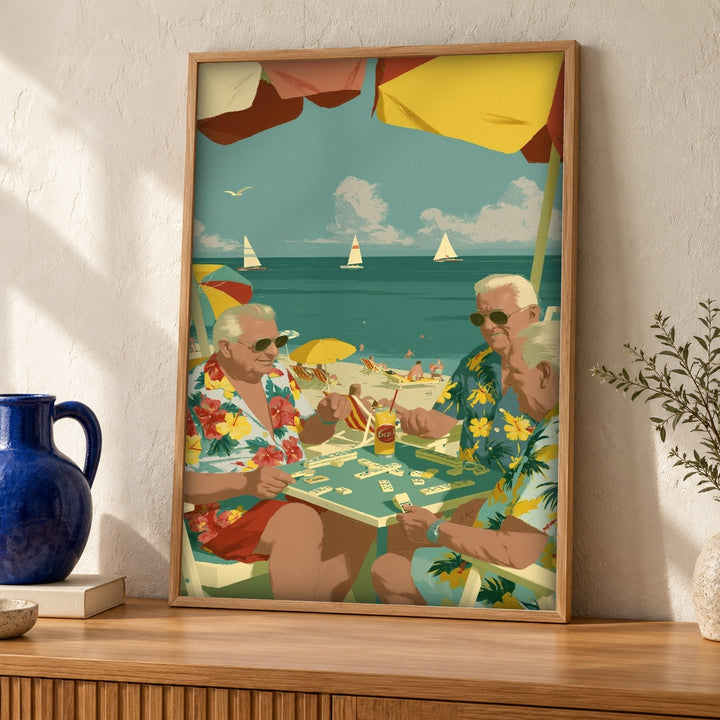 Retro Wall Art, Beach Domino Scene, Vintage Summer Poster