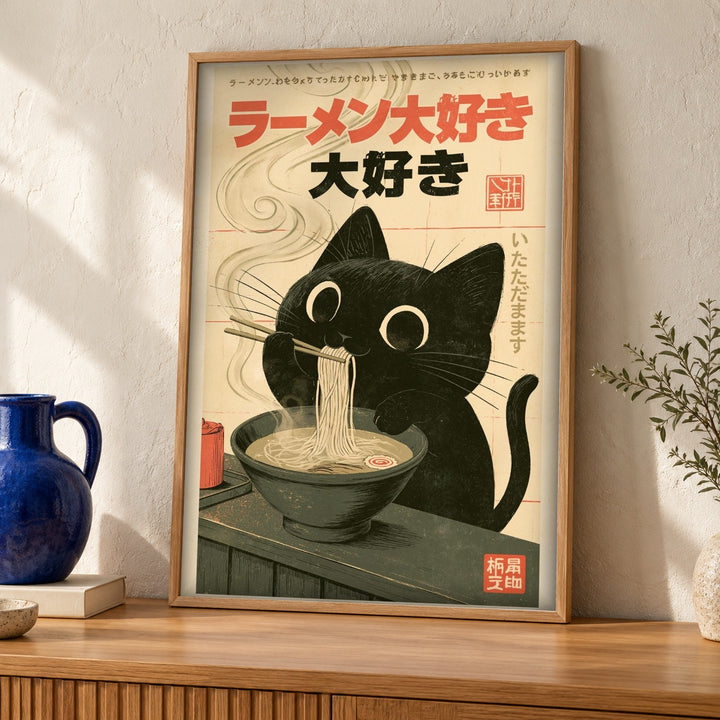 Black Cat Wall Art, Ramen Ukiyo-e Print, Japanese Poster
