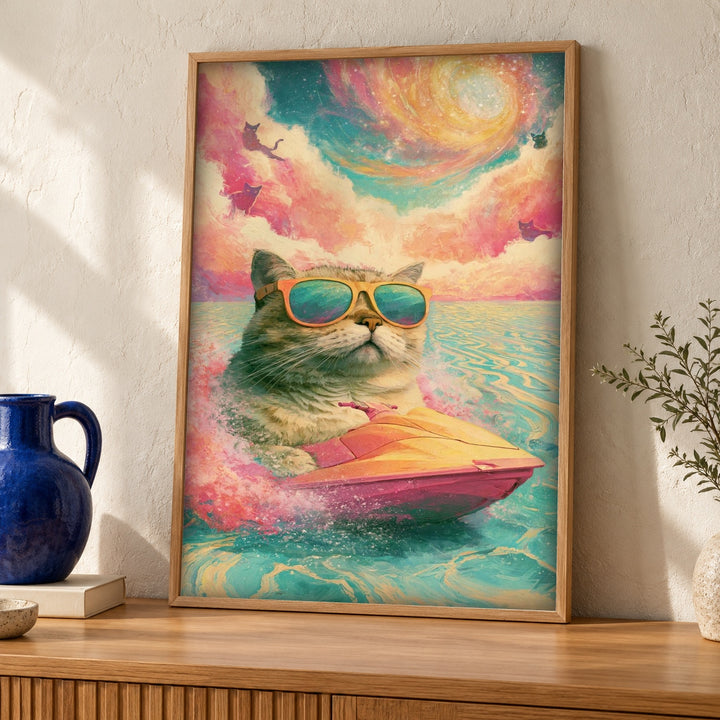 Funny Cat Poster, Jet Ski Sunglasses Print, Retro Decor