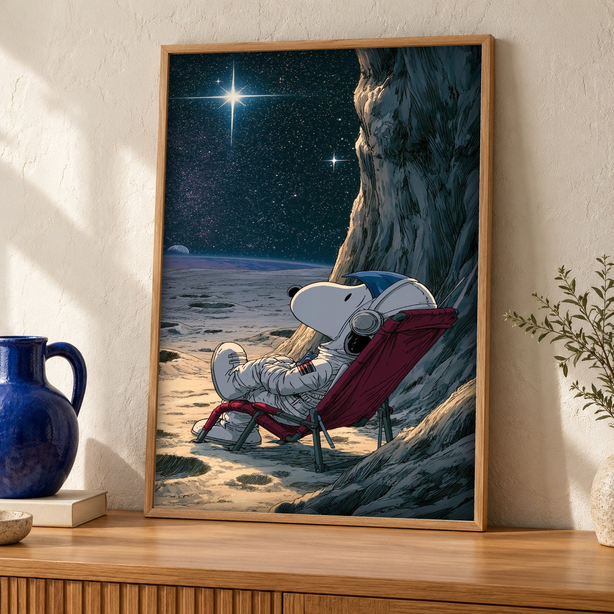 Retro Wall Art, Cartoon Astronaut Moon Print, Dark Academia — oak frame room mockup