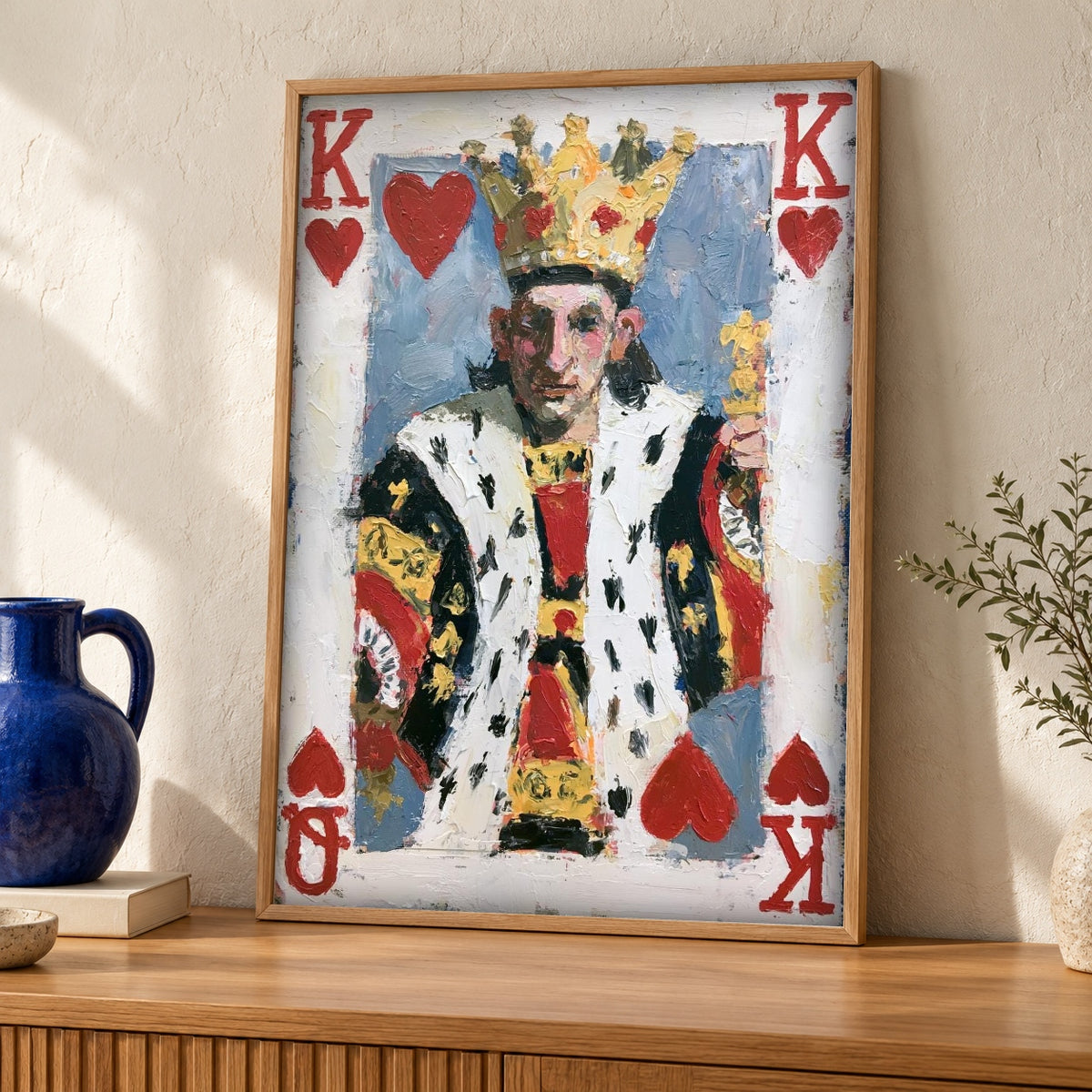 King of Hearts art, Card Painting, Impasto Oil Print — oak frame room mockup