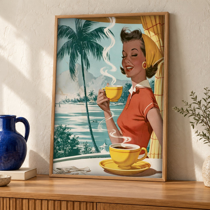 retro coffee art, Tropical Café Scene, vintage wall decor