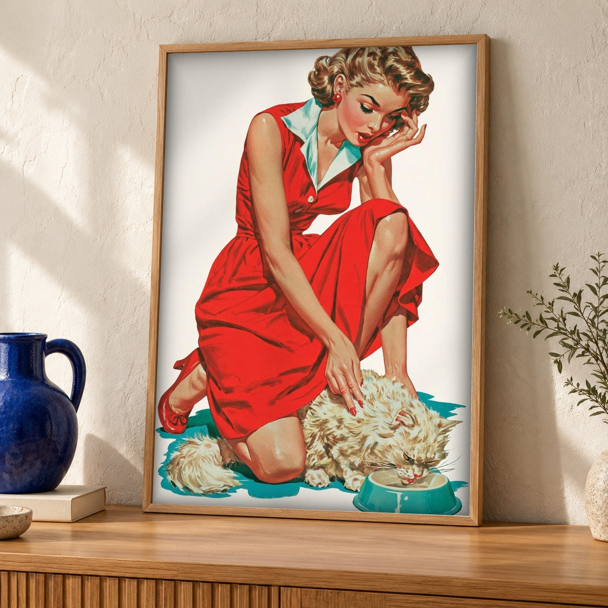 Retro Wall Art, 1950s Pin-Up Print, Cat Lover Poster — oak frame room mockup