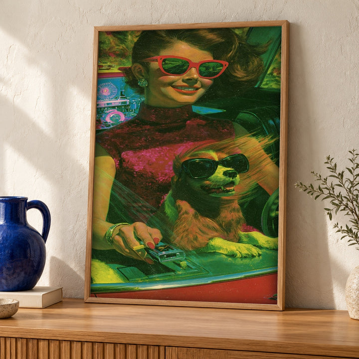 Retro Wall Art, Vintage Driving Lady Dog Print