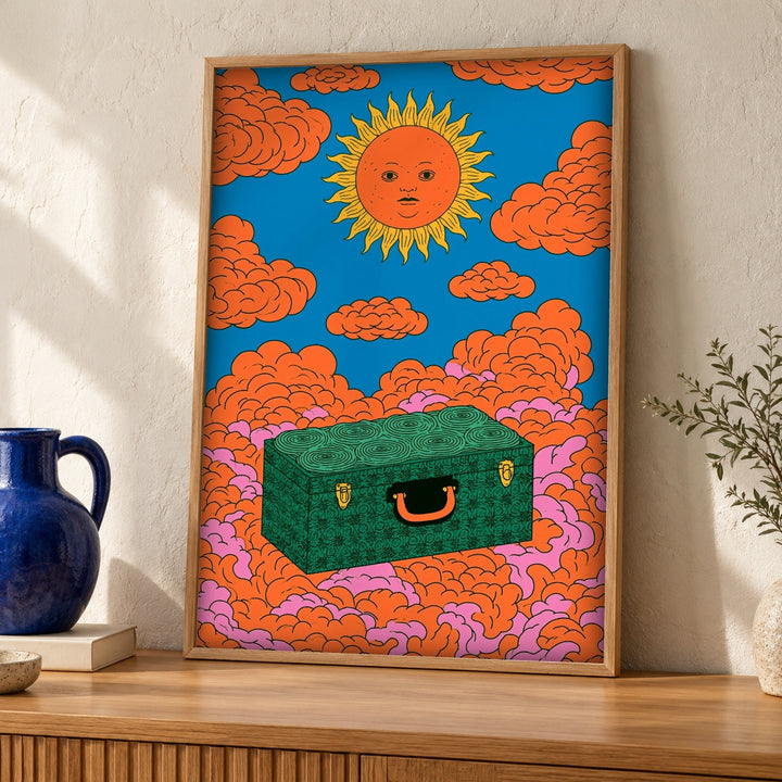 Retro Wall Art, Psychedelic Sun Print, Celestial Clouds Trunk