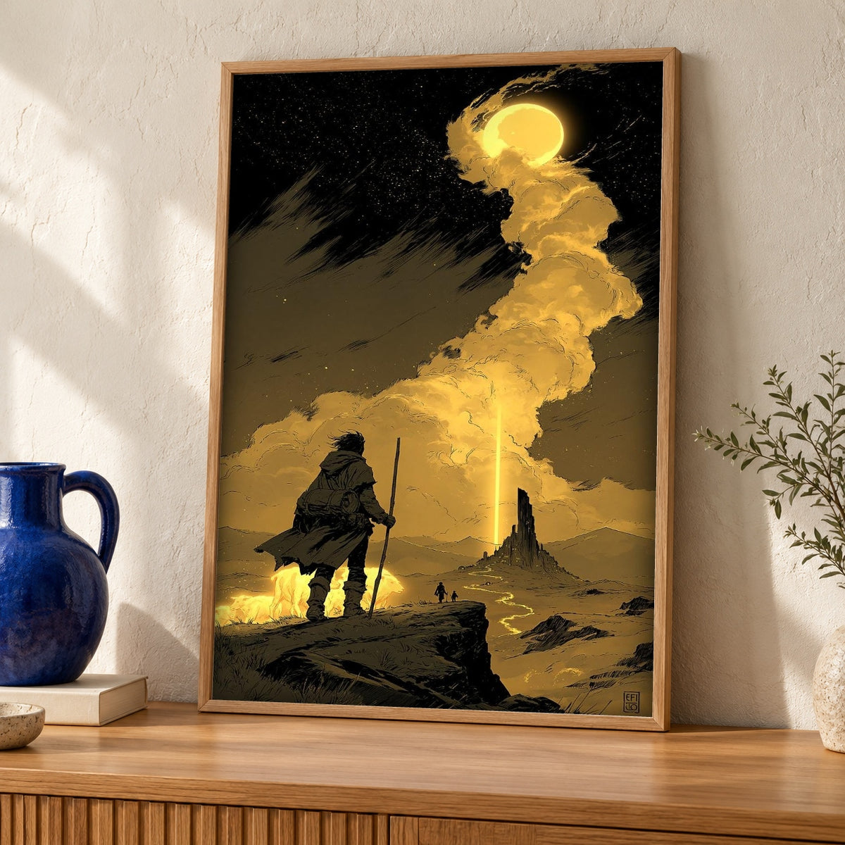 Elden Wall Art, Tarnished Erdtree Print, Dark Fantasy — oak frame room mockup