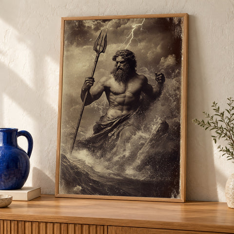 Poseidon Greek God of the Sea Poster - Vintage Mythology Wall Art - Stormy Ocean Trident Sepia Gloss Print - Ancient Greece Wall Decor — oak frame room mockup