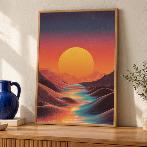 Psychedelic Sunset Wall Art, 70s Retro Landscape Poster, Trippy Mountain Print, Cosmic Sky Decor, Dreamy Surreal Gloss Print — oak frame room mockup
