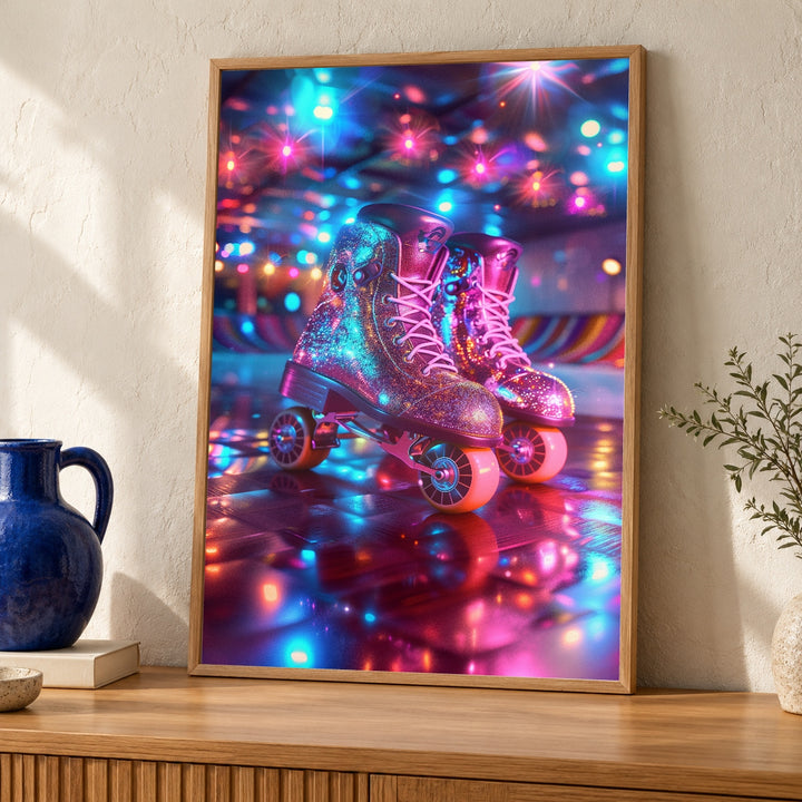 Retro Roller Disco, Neon Skates Wall Art, 70s Glitter Poster