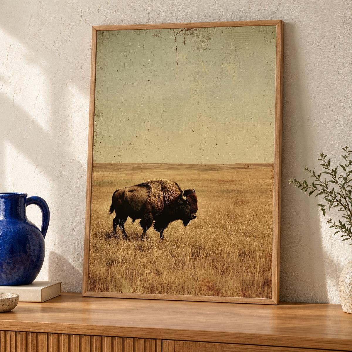 Retro Buffalo Art, Vintage Bison Prairie Wildlife Print — oak frame room mockup