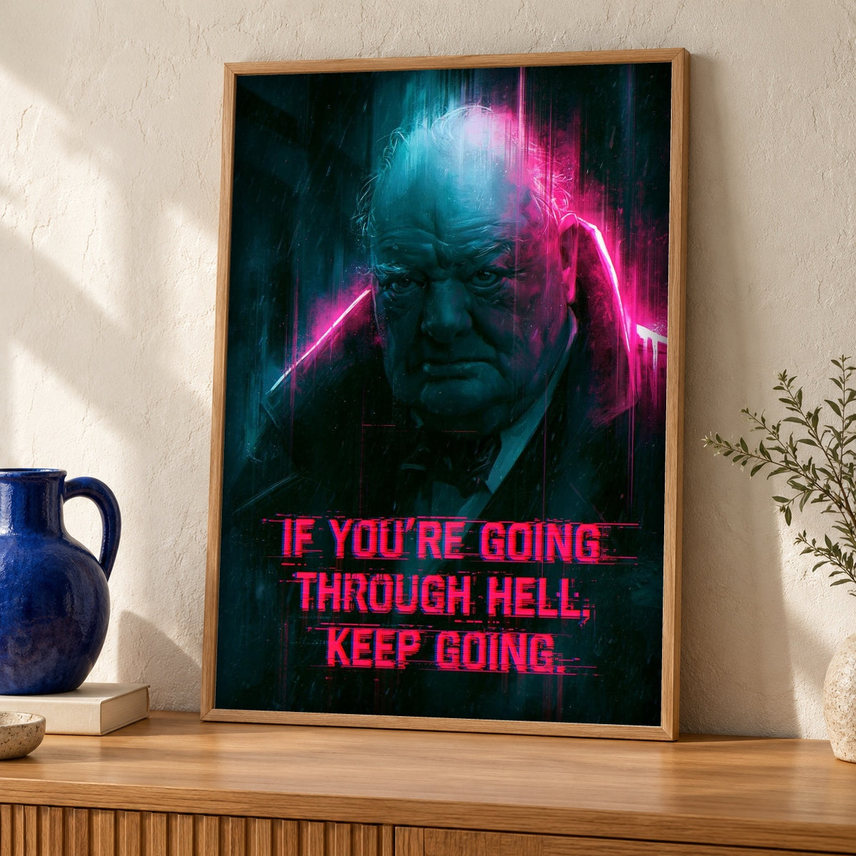 Churchill Poster, Neon WWII Motivational Print — oak frame room mockup