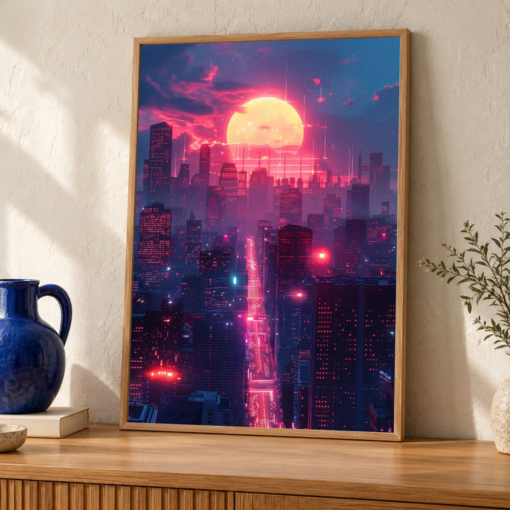 Retro Synthwave City, Neon Skyline Futuristic Print