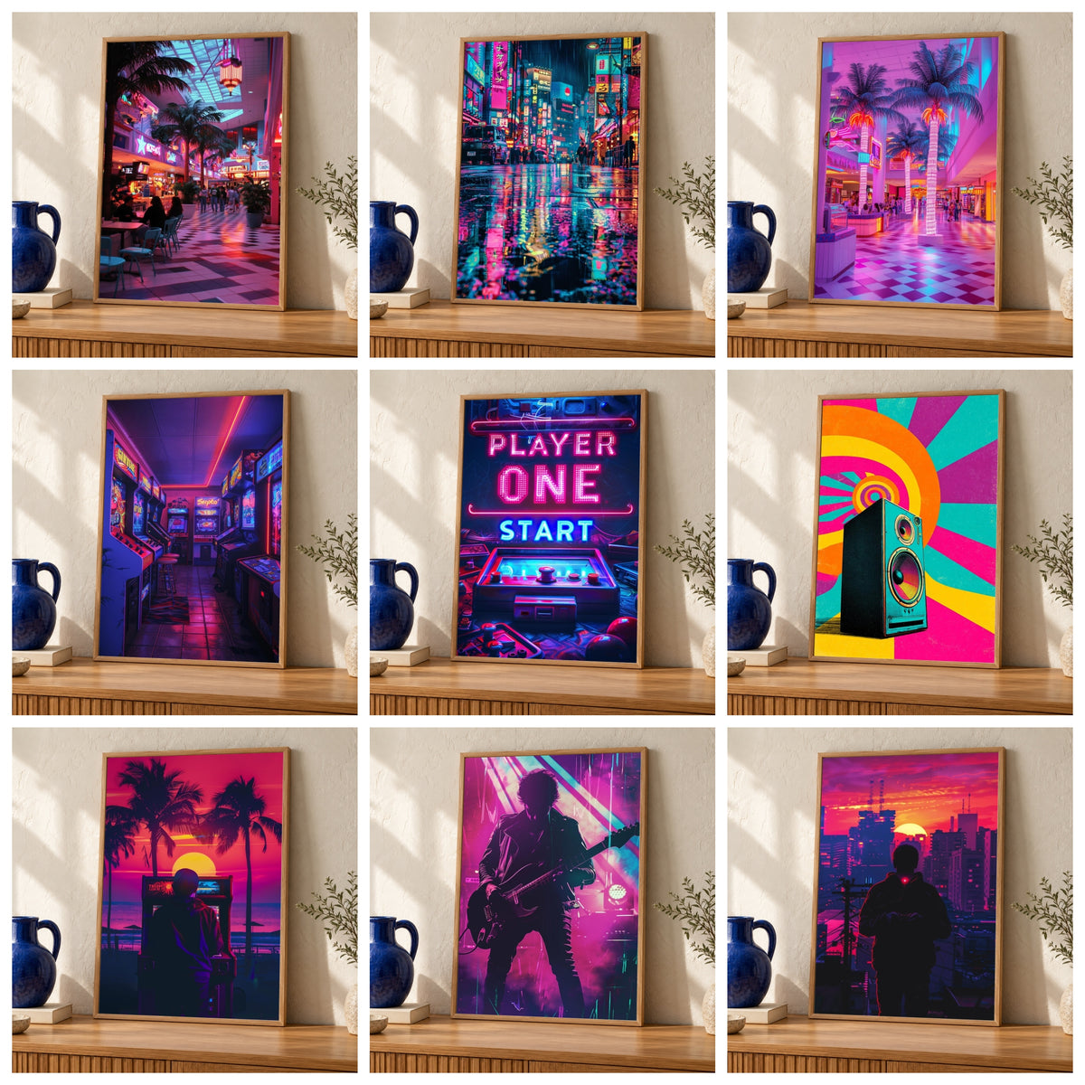 Retro Wall Art, Synthwave Neon Arcade Bundle, 80s Print — oak frame room mockup