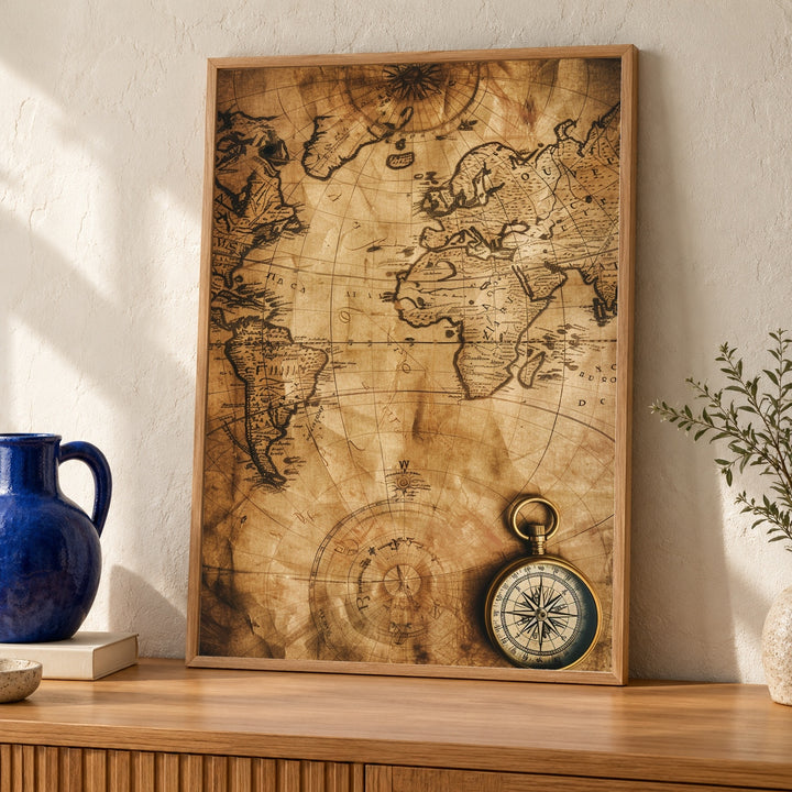 Vintage World Map Gloss Print with Antique Compass, Nautical Chart Wall Art, Old World Map Poster, Sepia Tone Travel Decor, Explorer Art