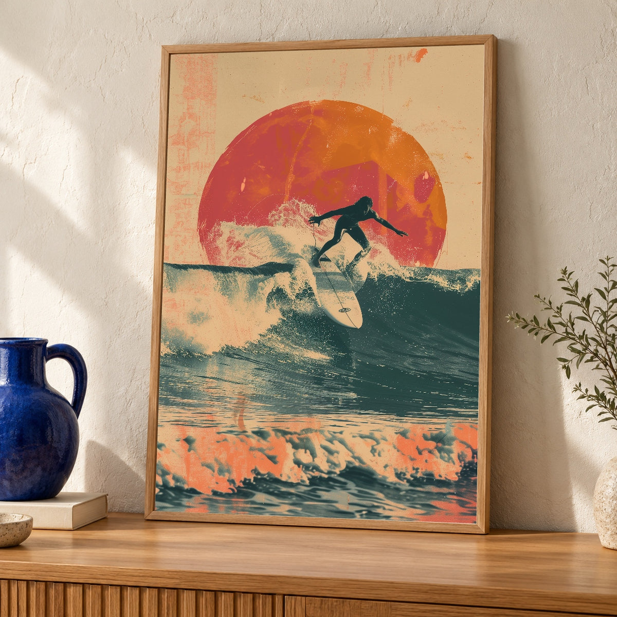 Retro Surf Wall Art, Vintage 70s Surfer Poster, Sunset Wave Print — oak frame room mockup