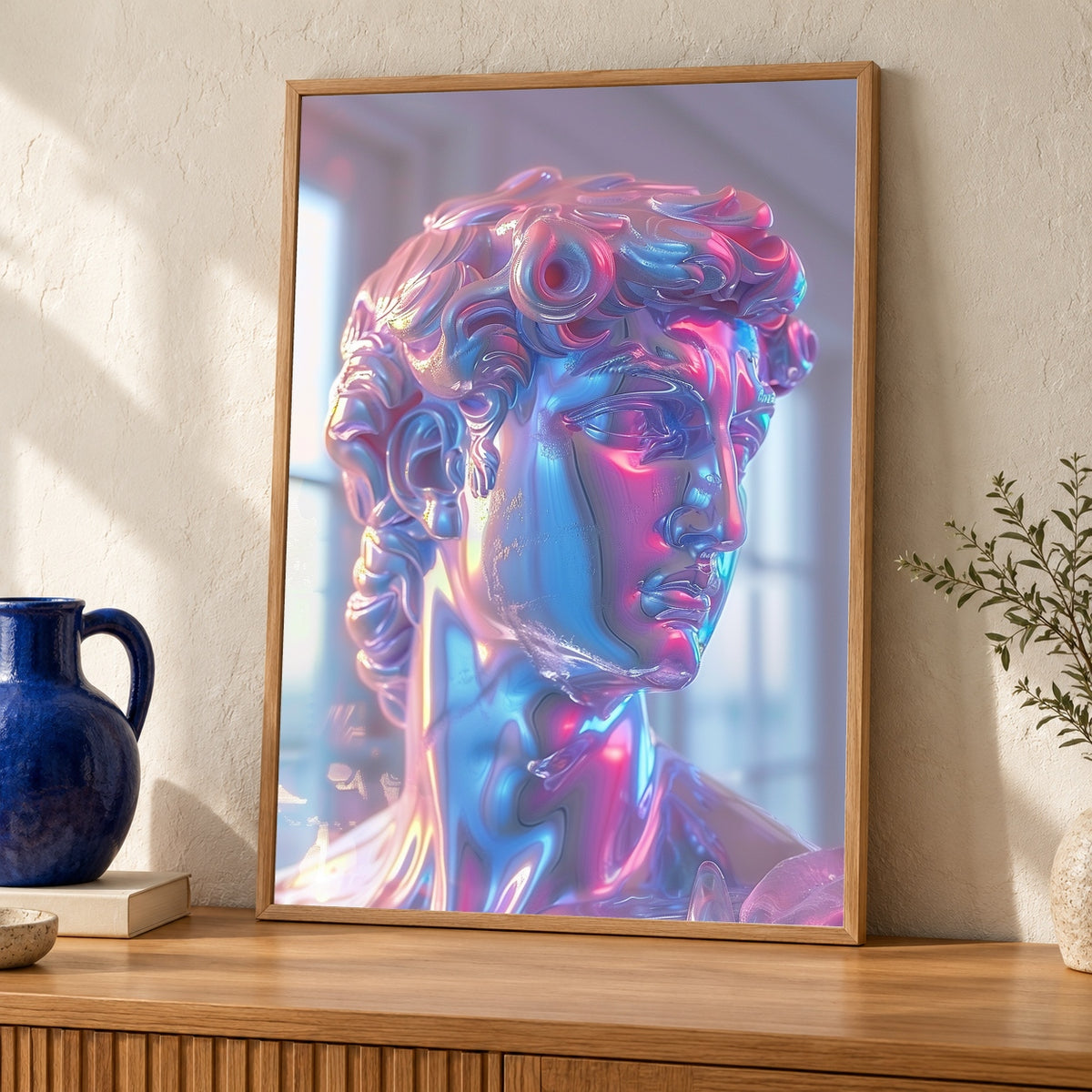 Vaporwave Greek Statue, Neon Bust Retro Poster — oak frame room mockup