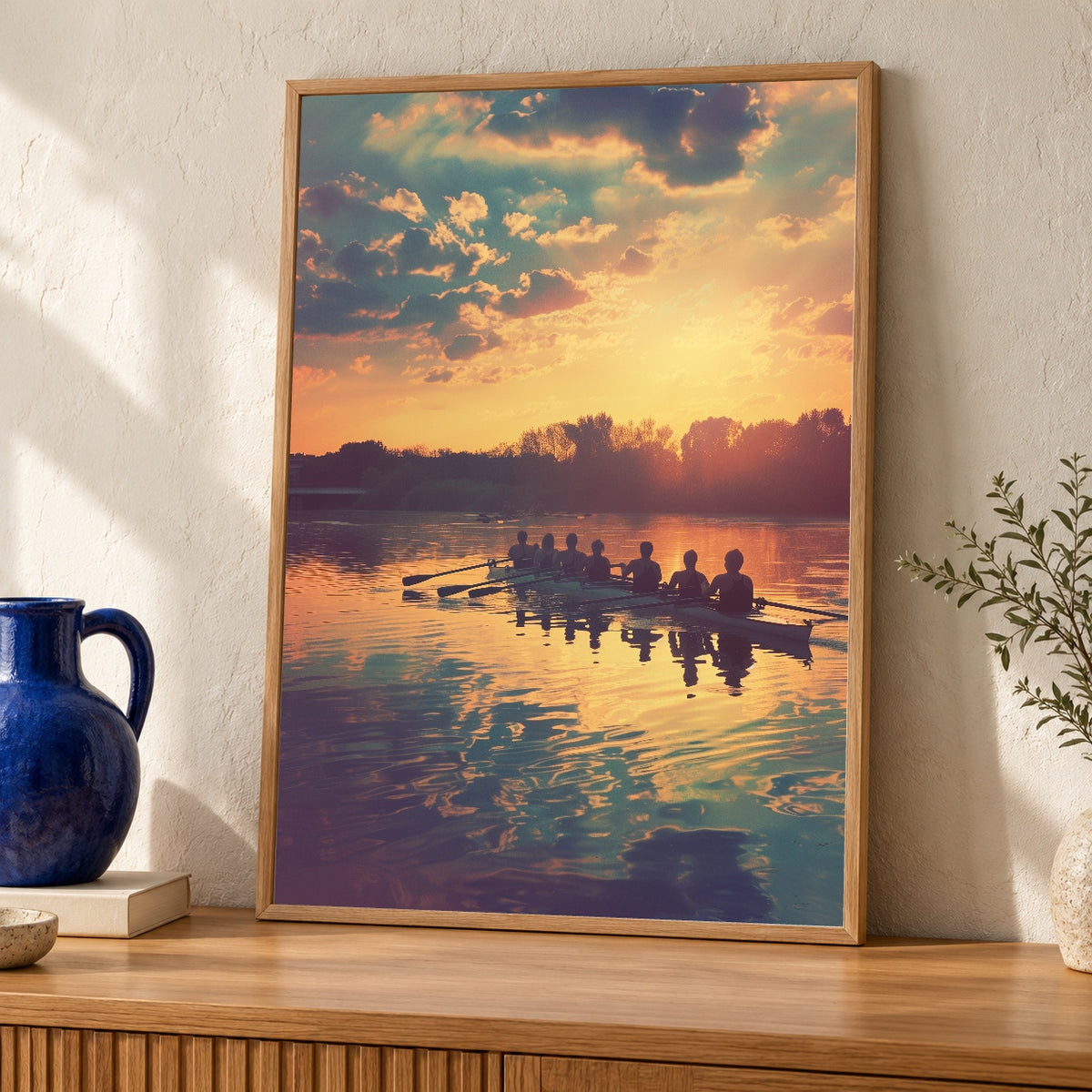 Vintage Rowing Art, Crew Sculling Lake Sunset Silhouette — oak frame room mockup