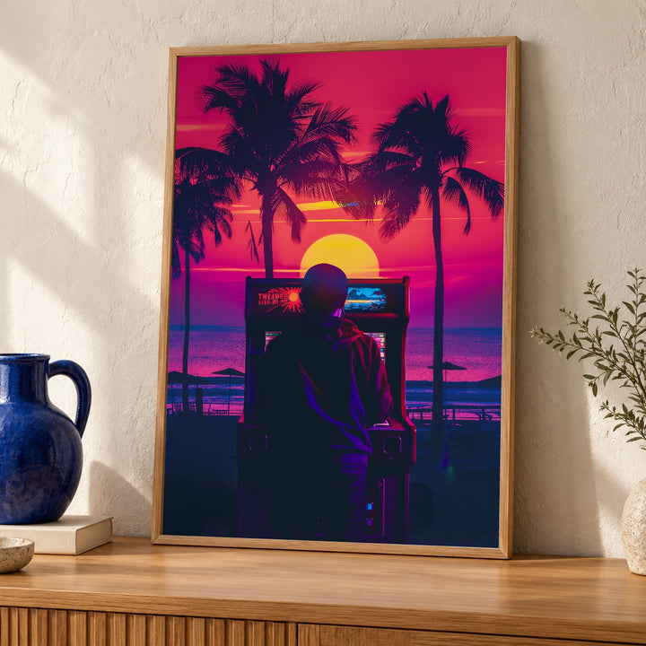 Retrowave Arcade Art, Synthwave Sunset Beach Poster, Gamer Gift
