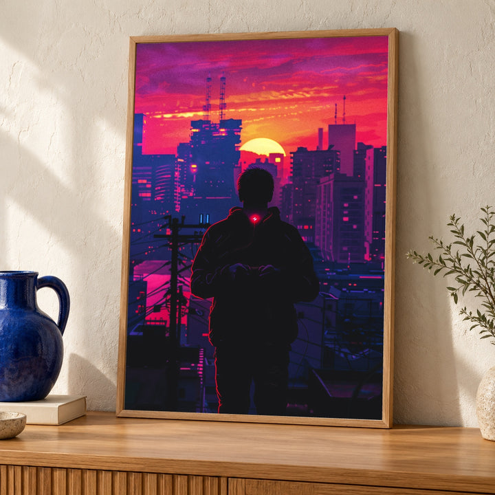 Synthwave City Art, Cyberpunk Silhouette Gamer Print, Neon Retro Poster