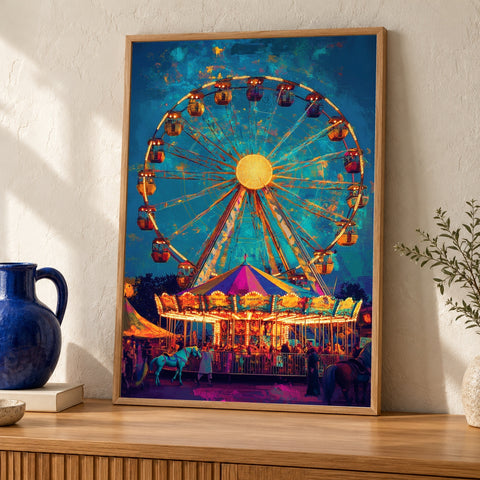 Retro Carnival Art, Vintage Ferris Wheel Poster, Amusement Park Print — oak frame room mockup