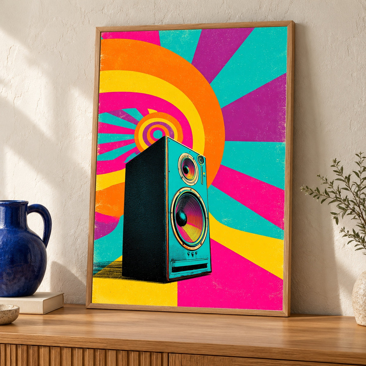 Retro Poster, Psychedelic Speaker, 70s Groovy Neon Wall Art — oak frame room mockup