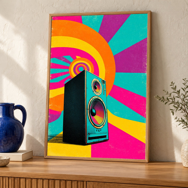 Retro Poster, Psychedelic Speaker, 70s Groovy Neon Wall Art