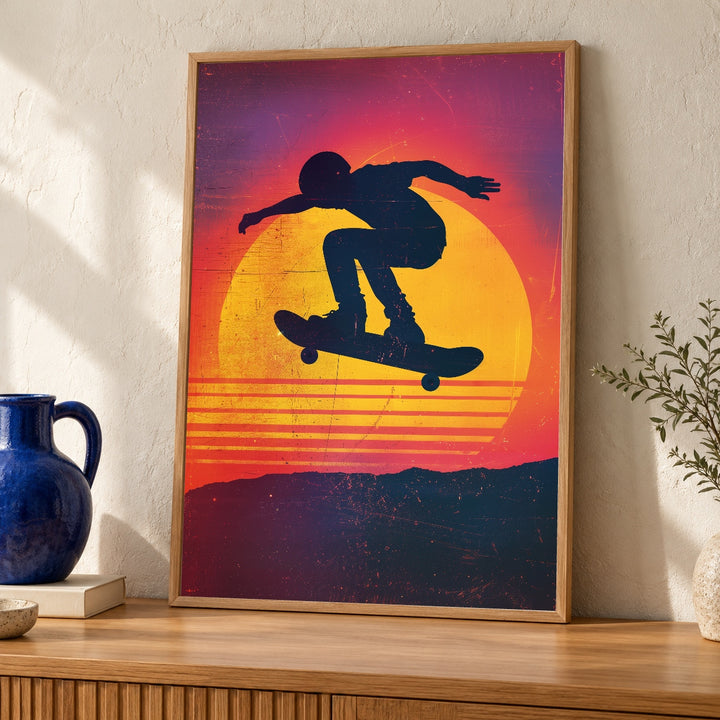 Retro Skateboarder Art, Vintage 80s Sunset Silhouette