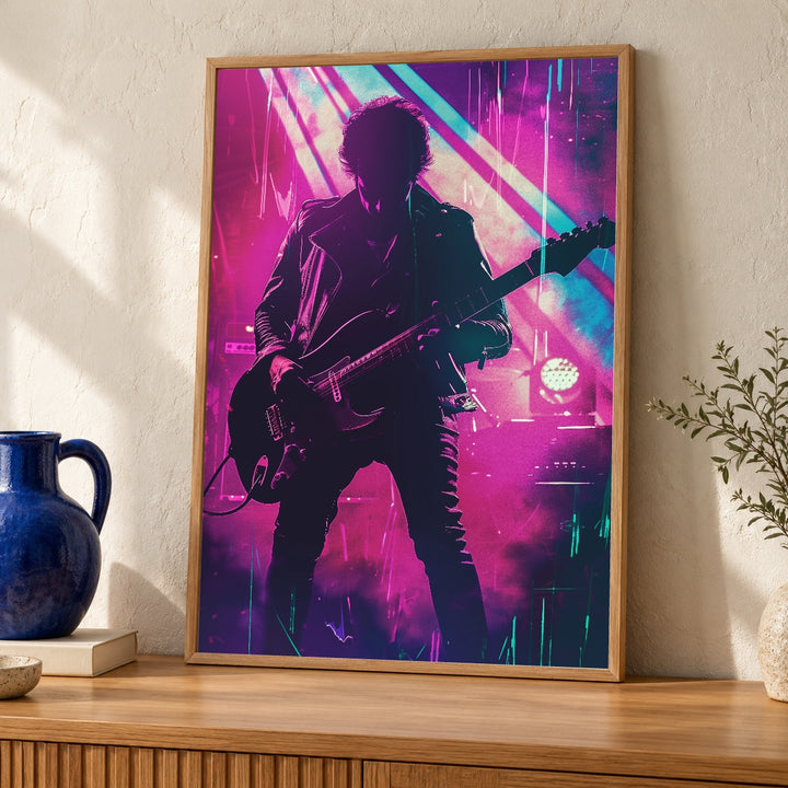 Retro Rock Wall Art, 1980s Neon Guitarist Stage Poster