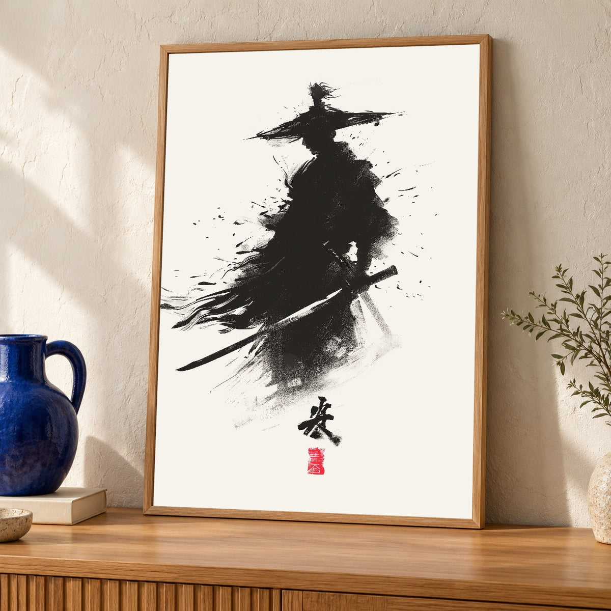 Samurai Ink Art, Japanese Ronin Sumi-e Print, Zen Brush Poster — oak frame room mockup