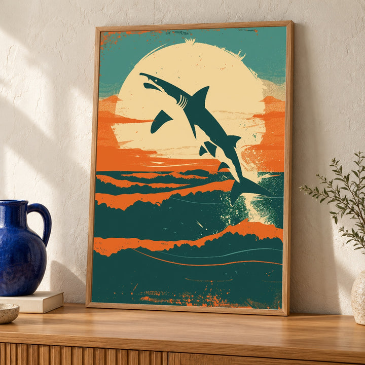 Retro Shark Art Print, Vintage Ocean Poster, Minimalist Great White