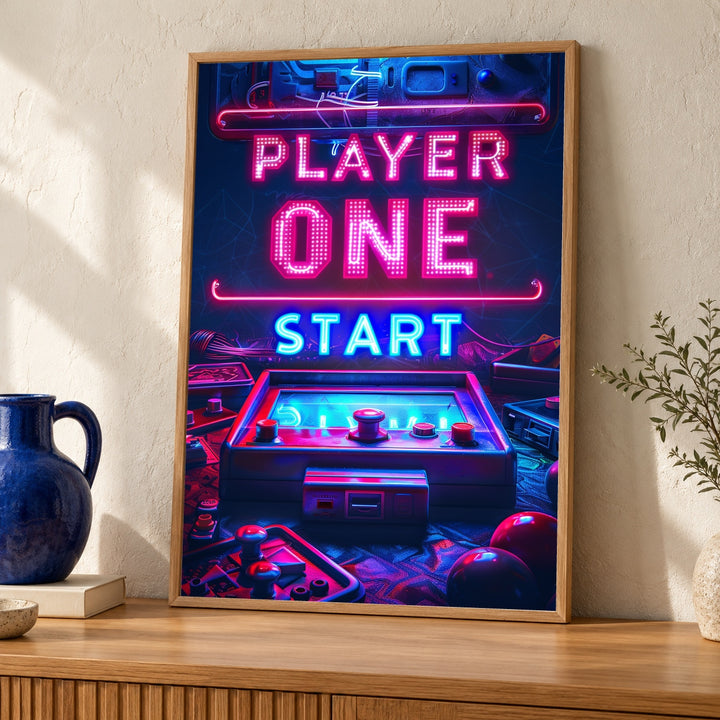 Retro Arcade Wall Art, Player One Neon Gaming Poster, Gamer Gift