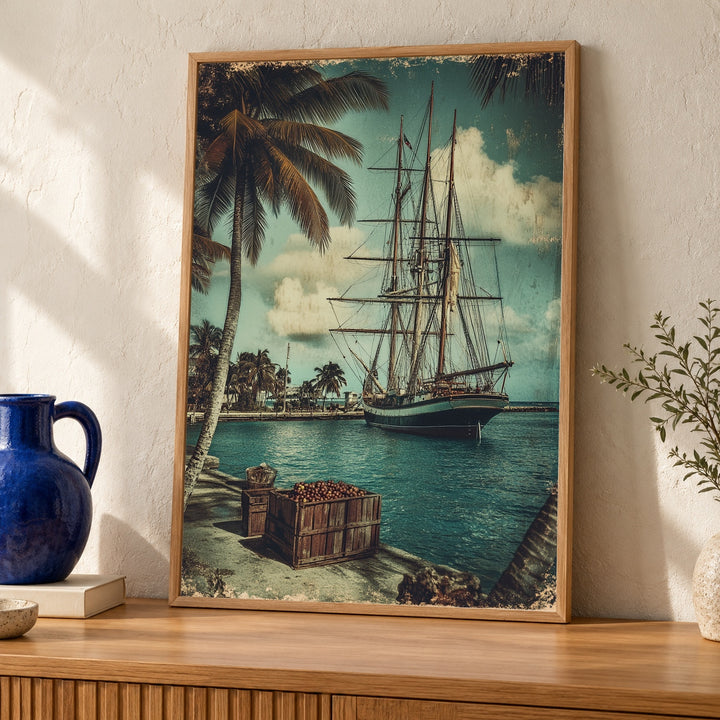 Vintage Sailing Ship in Tropical Harbor Gloss Print - Retro Travel Poster - Nautical Wall Art - Caribbean Coastal Decor - Tall Ship Art