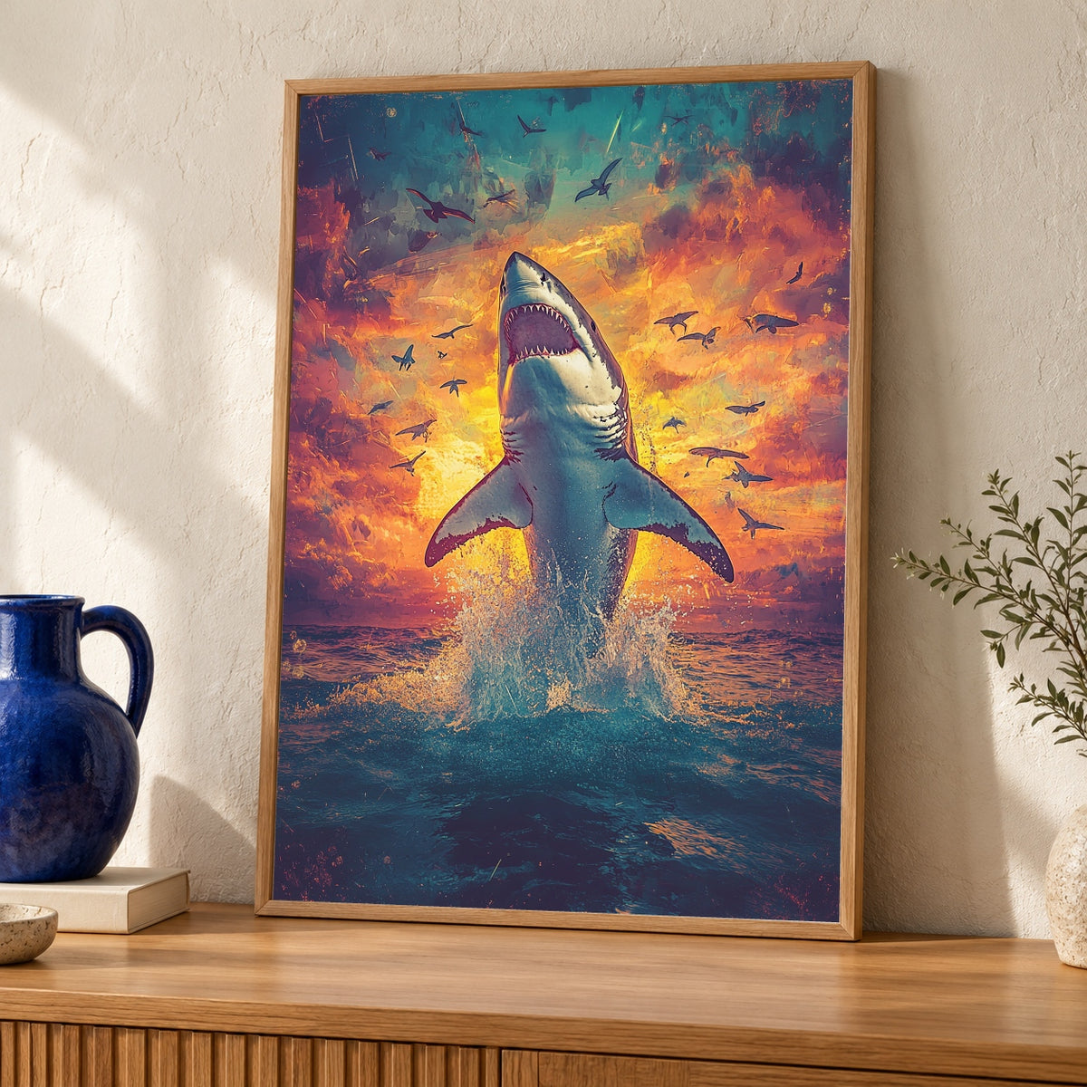 Great White Shark Breaching Poster - Vibrant Sunset Ocean Wall Art - Marine Life Gloss Print - Retro Shark Attack Coastal Home Decor — oak frame room mockup