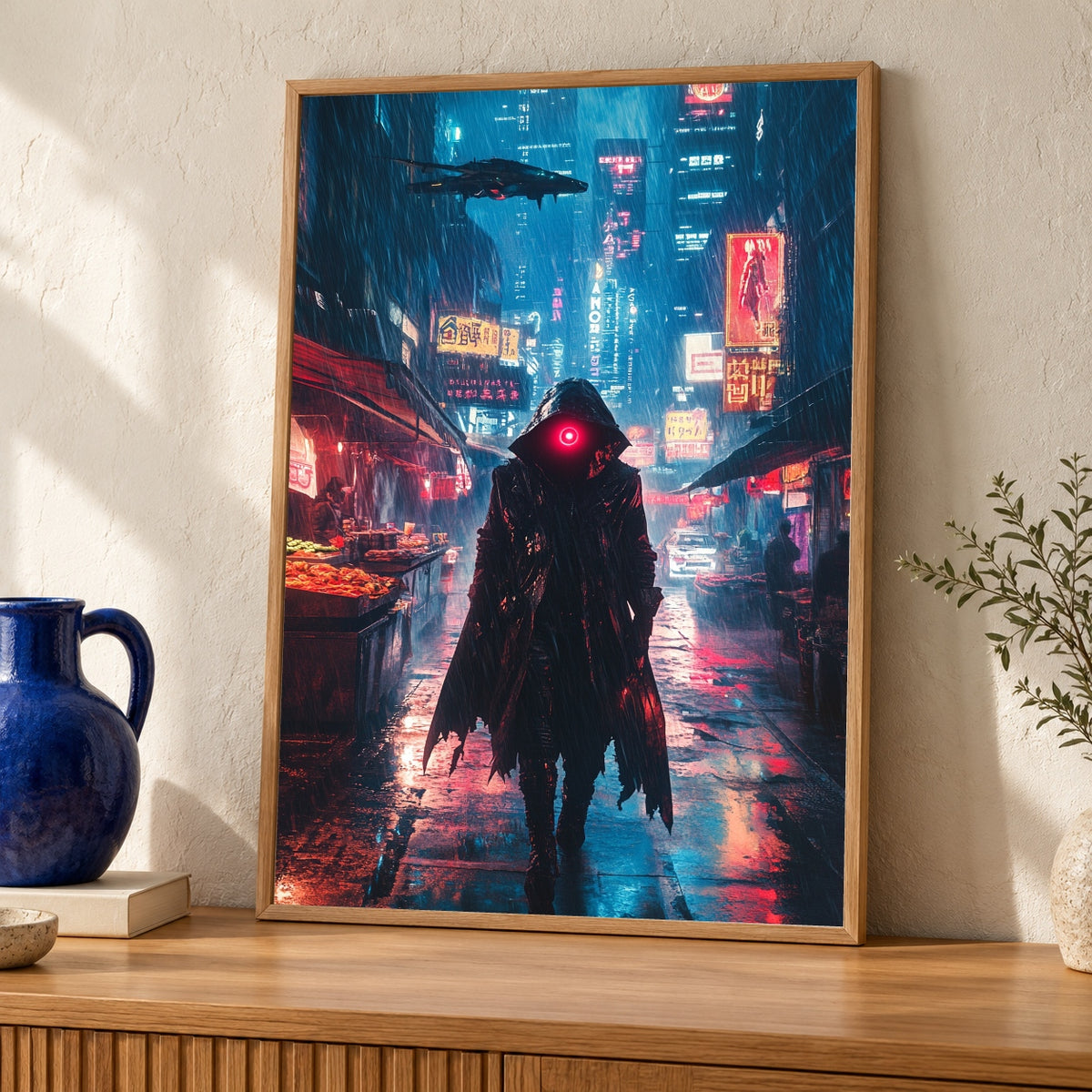 Cyberpunk Bounty Hunter Poster, Retro Anime Rainy City Wall Art, Futuristic Neon Street Gloss Print, Sci-Fi Mysterious Character Decor — oak frame room mockup