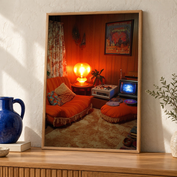 Retro 70s Living Room, Groovy Vintage Aesthetic Print, Nostalgic Decor