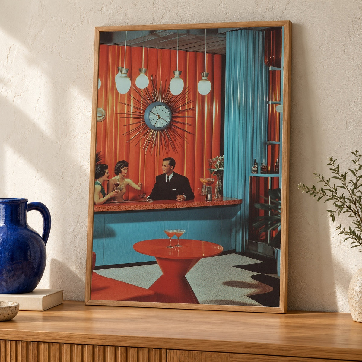 Retro Wall Art, Mid Century Cocktail Lounge Print, Atomic Age Decor — oak frame room mockup