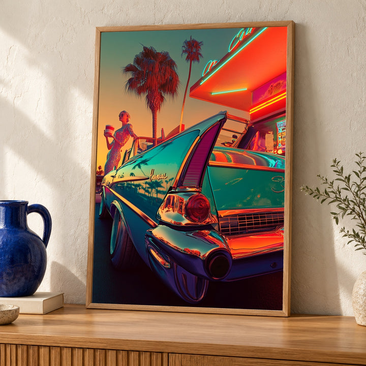 Retro Car Wall Art, 1957 Chevy Bel Air Print, Neon Diner Americana Poster