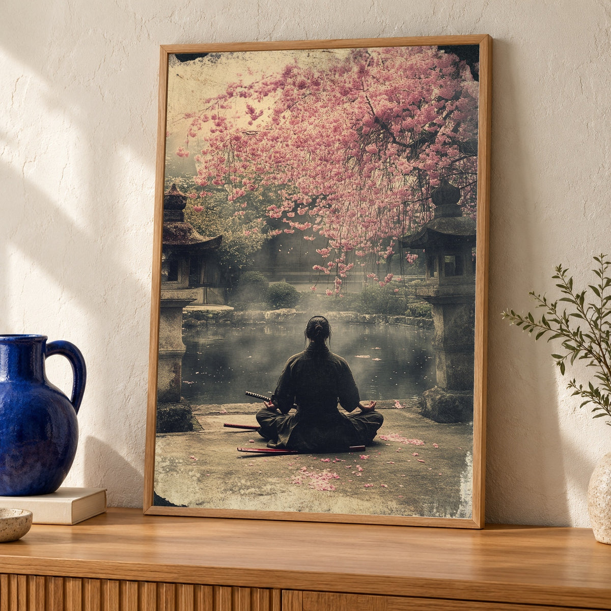 Samurai Zen Wall Art, Japanese Garden Sakura Print — oak frame room mockup