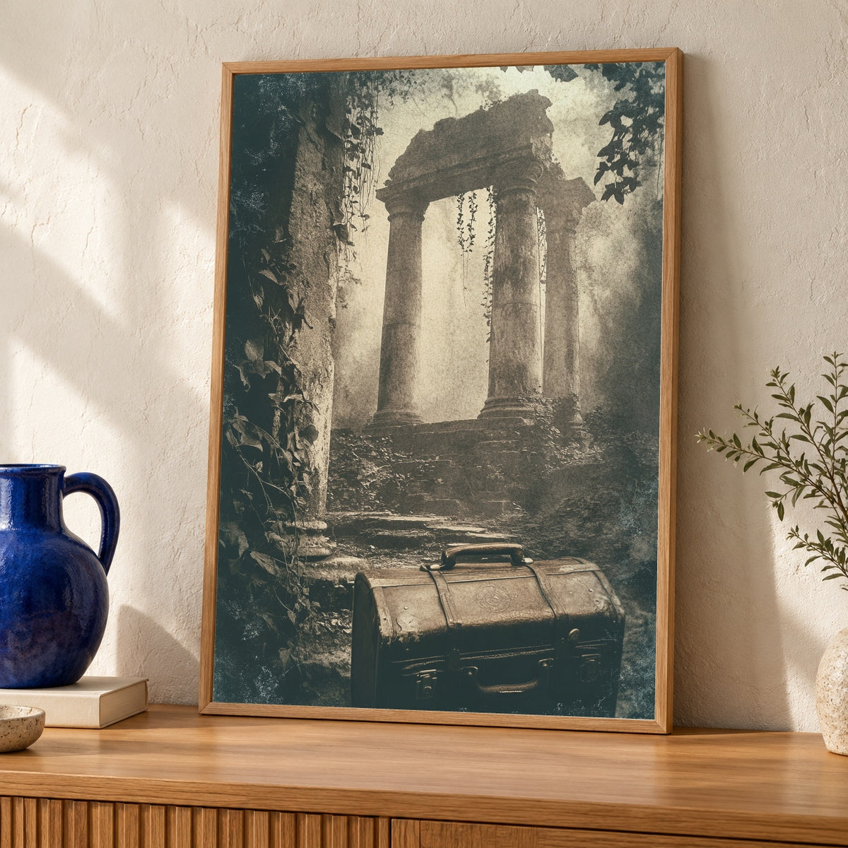 Ancient Ruins Art, Vintage Travel Adventure Print, Retro Explorer Poster — oak frame room mockup