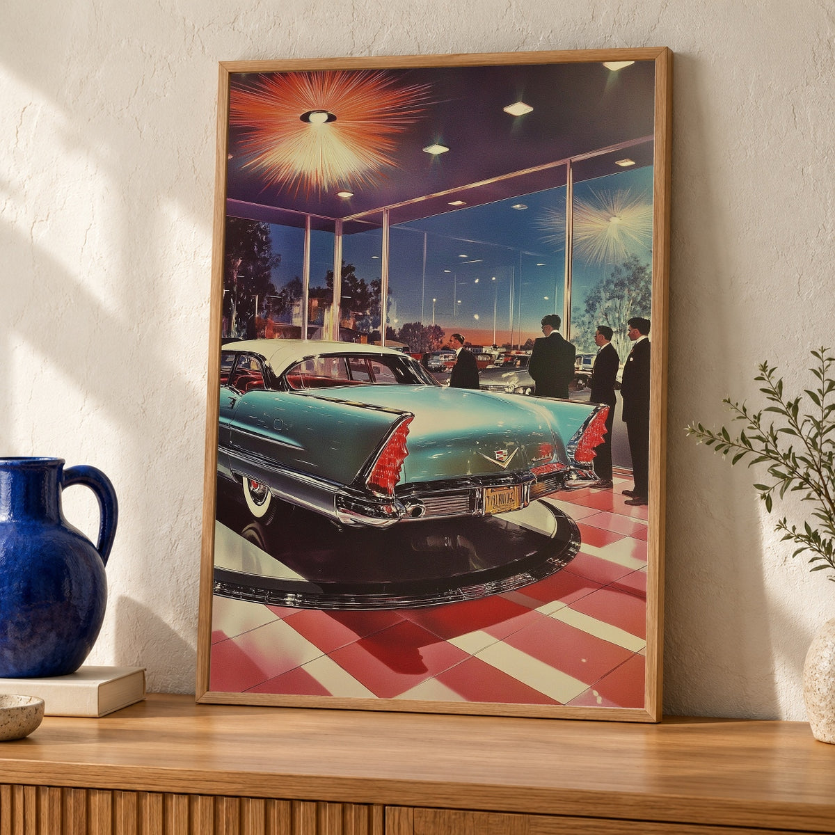 Retro Car Showroom Art, Mid Century Modern 1950s Classic — oak frame room mockup