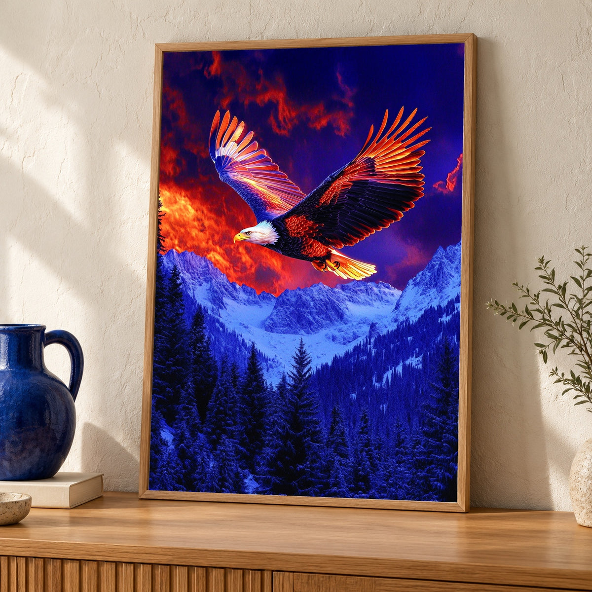 Bald Eagle Wall Art, Majestic Wildlife Poster, Fiery Mountain Print — oak frame room mockup