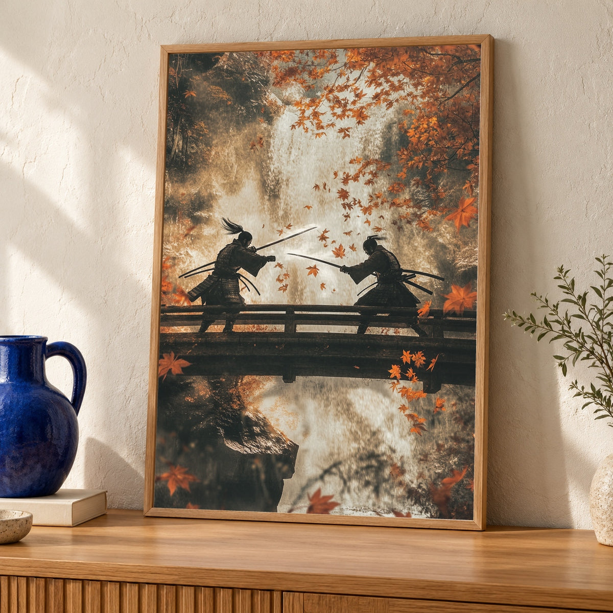 Samurai Duel on Bridge Poster - Japanese Waterfall Wall Art - Katana Fight Autumn Leaves Gloss Print - Zen Bushido Martial Arts Decor — oak frame room mockup